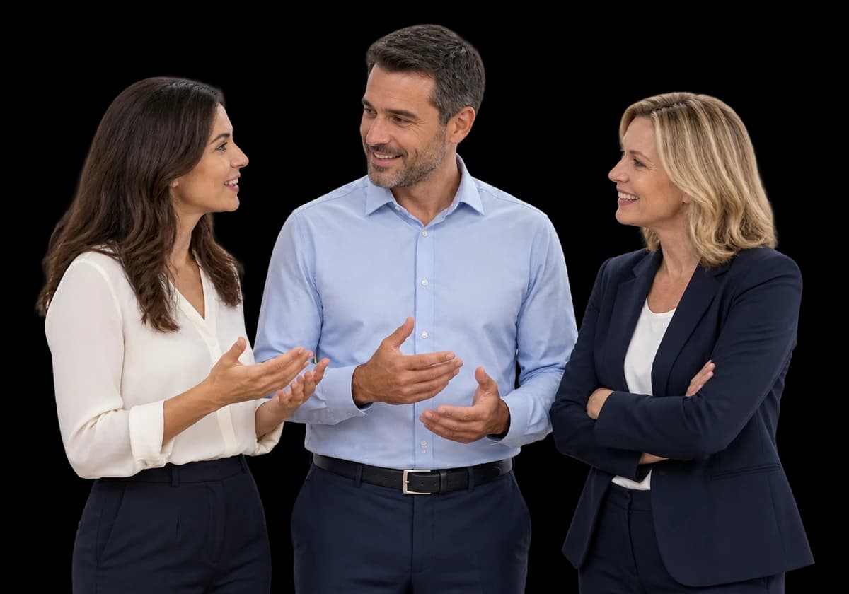 Three business leaders in conversation.