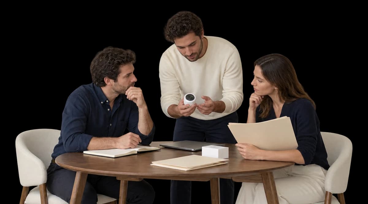 Three startup founders discuss a small sensor prototype and plain folders around a compact walnut table.