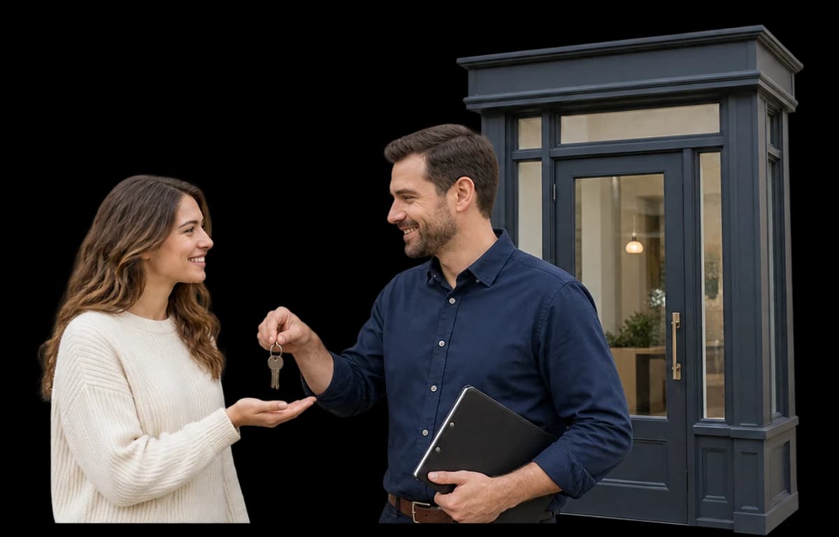 A tenant receives keys from a property manager beside a storefront doorway.