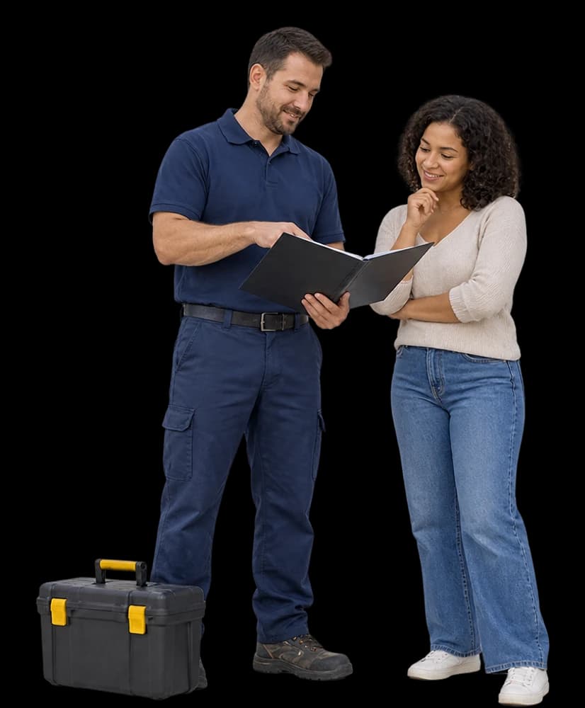 A service business owner and customer review a plain contract folder while standing beside a closed tool case.