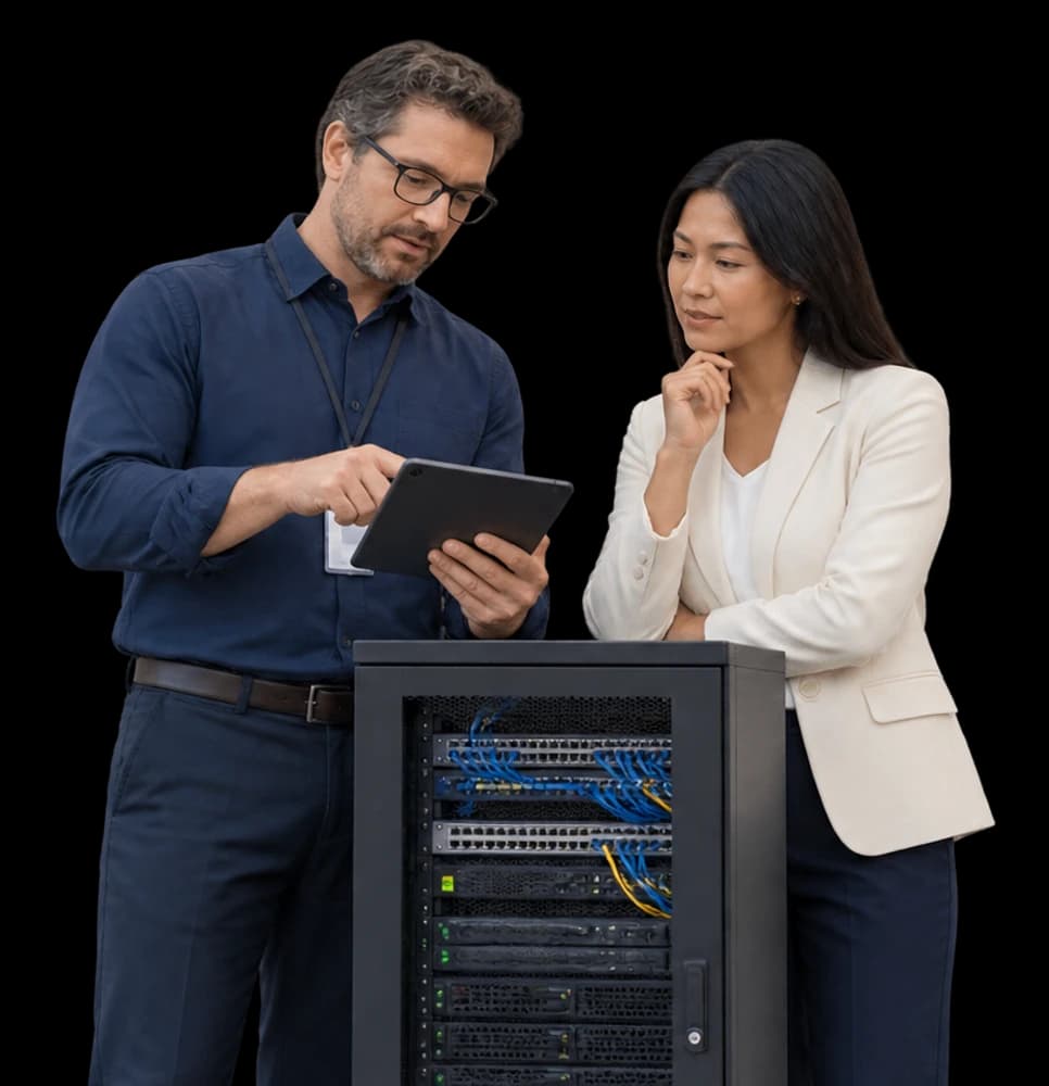 An IT lead and enterprise customer inspect a compact complete server cabinet and a tablet.