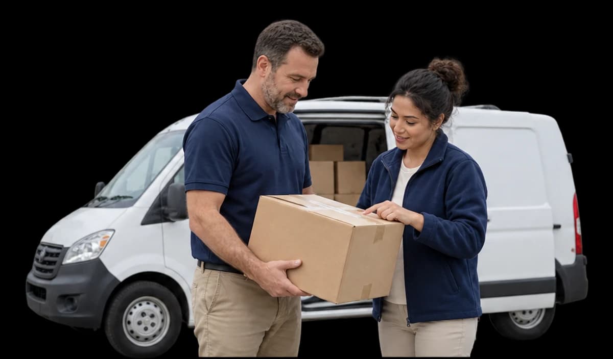 A business owner and operations colleague check a moving carton beside a complete compact white delivery van further behind them.