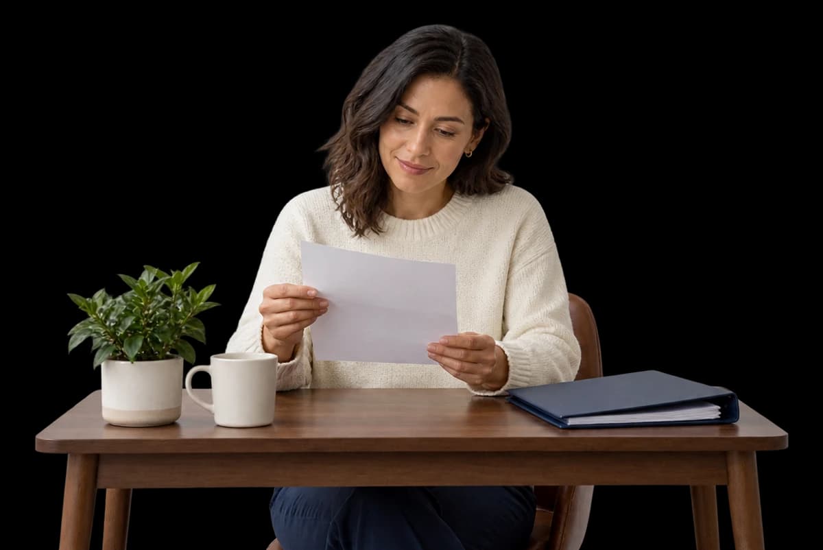 A business owner in a cream sweater reads a plain letter beside a closed policy binder at a small walnut desk.