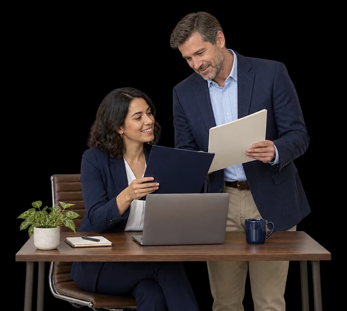 Two business colleagues compare plain navy and cream proposal folders beside a laptop at a compact walnut desk.