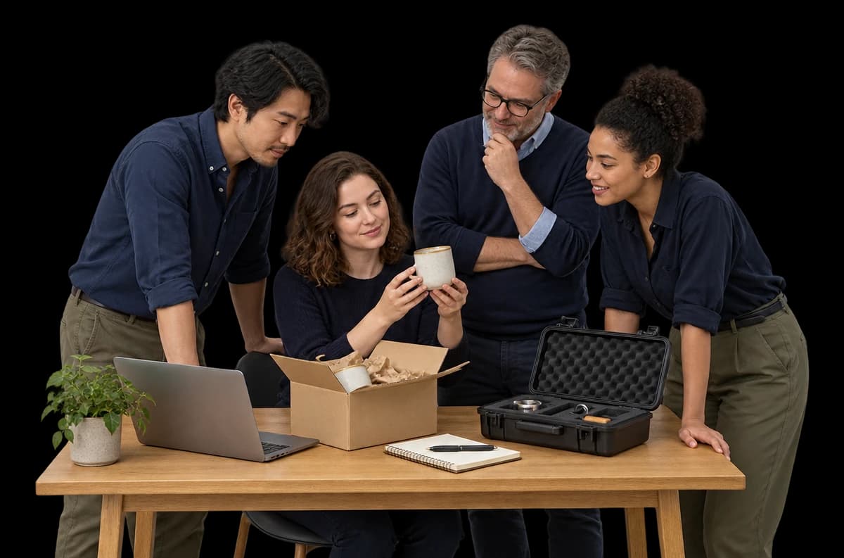 A small business team examines a packaged ceramic product and a tool case at a compact oak workbench.