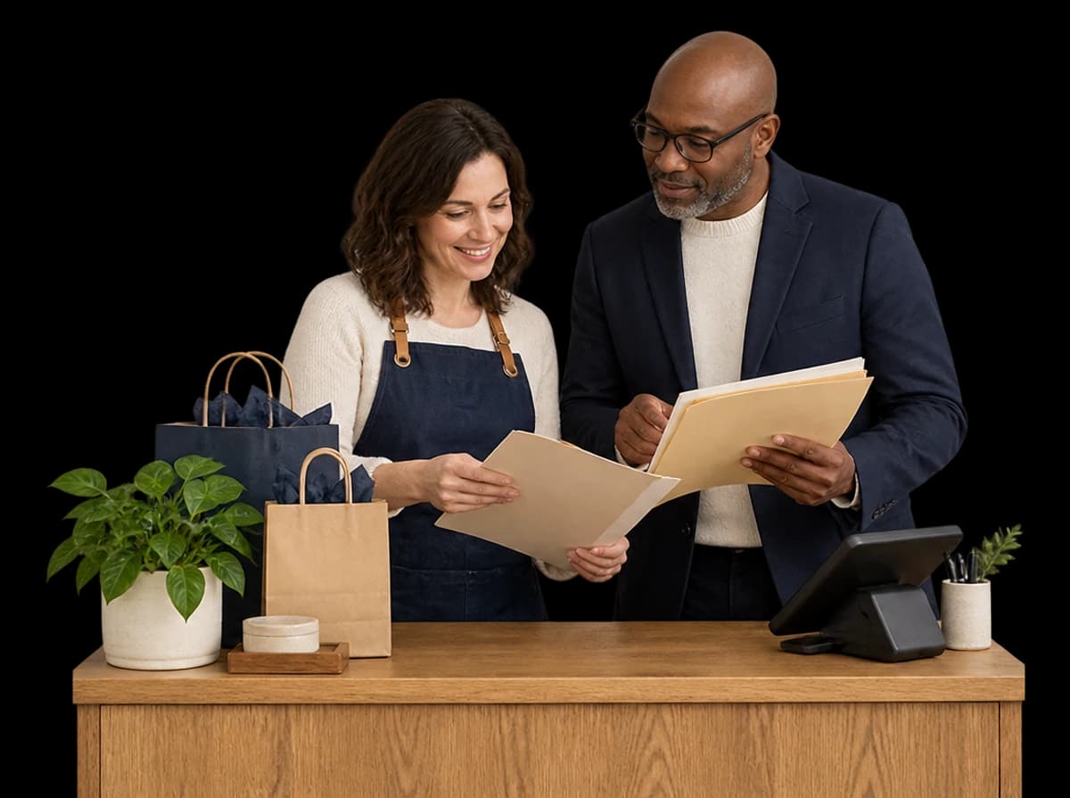 A shop owner and business adviser gather plain folders beside merchandise bags and a card reader at an oak checkout counter.