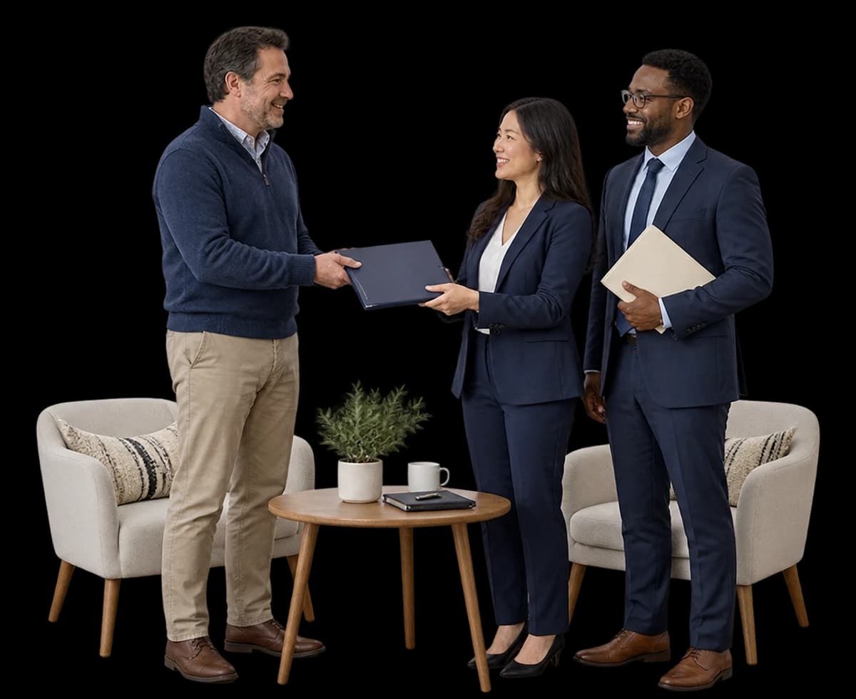 A business owner hands an orderly navy policy folder to an adviser while another colleague holds a cream folder.