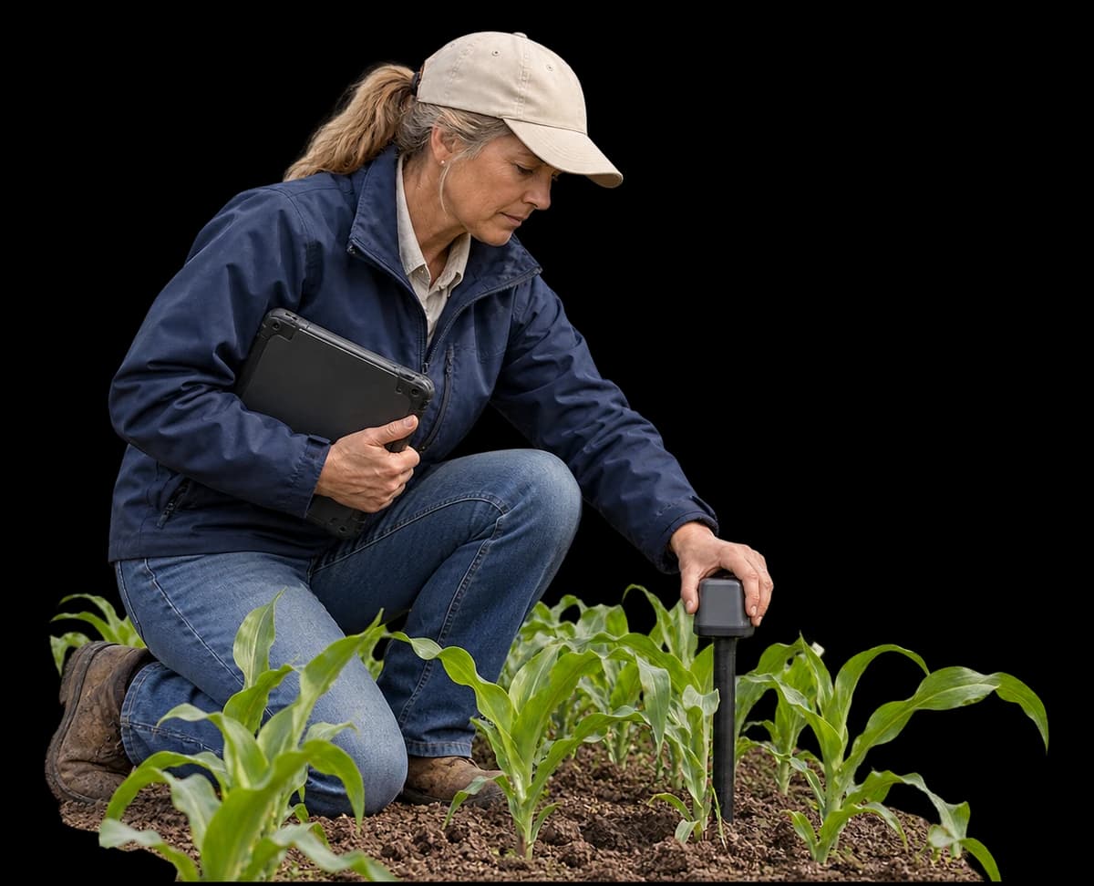 An agronomist kneels in a row of young corn, setting a soil sensor into the ground.