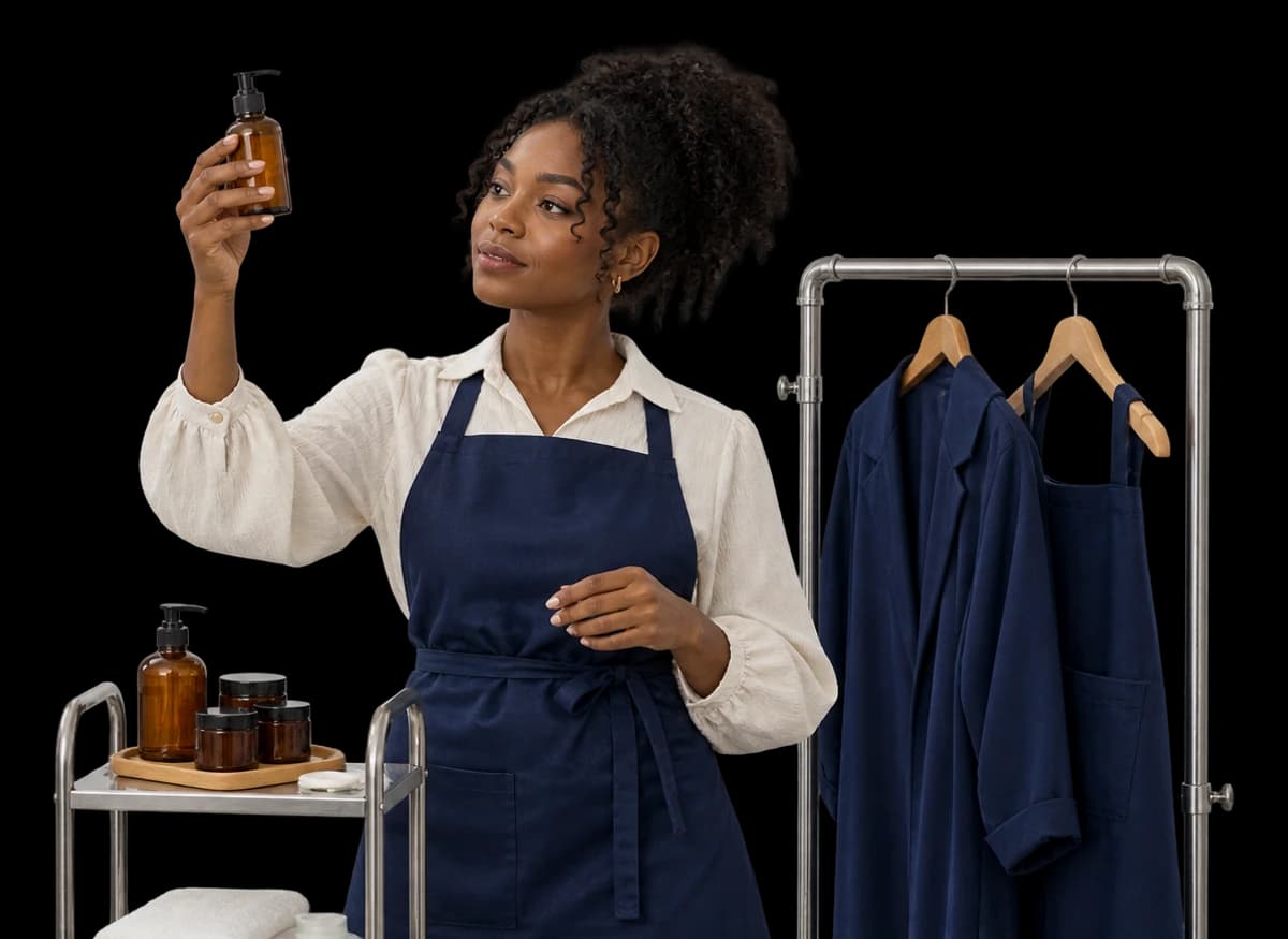 A cosmetics founder holds up an unlabelled pump bottle beside a tray of jars and a garment rack.