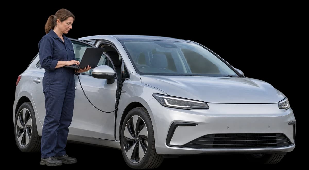 A test engineer stands beside an unbadged prototype car with a diagnostic laptop plugged in.