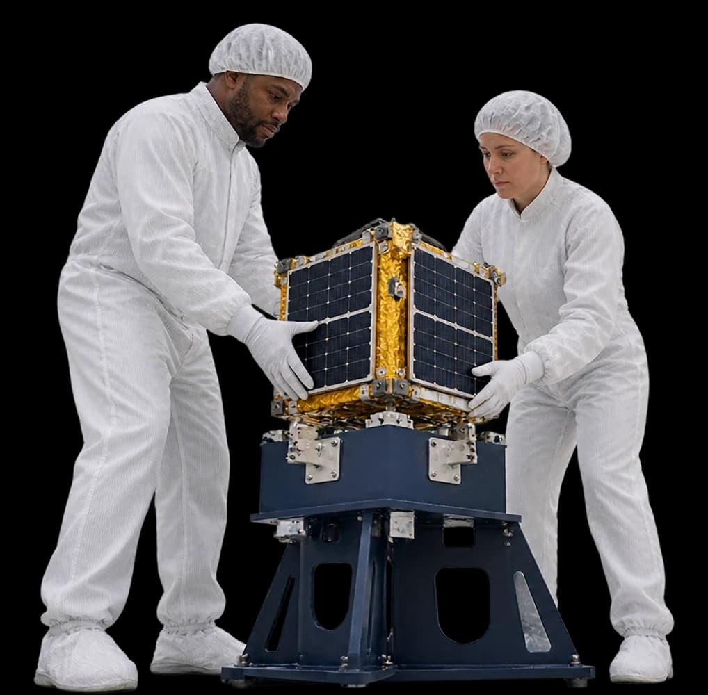 Two engineers in cleanroom suits set a small satellite onto an integration stand.