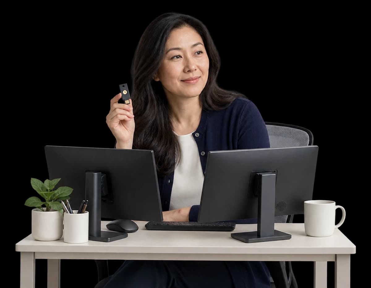 A custody operations lead at her desk holds up a hardware security key.