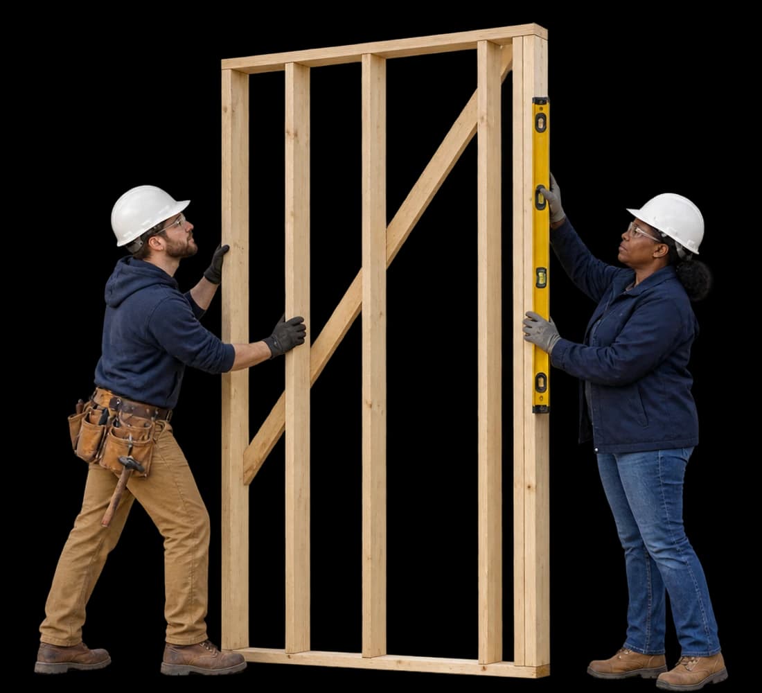 A site superintendent checks a framed timber wall with a level while a carpenter holds it.