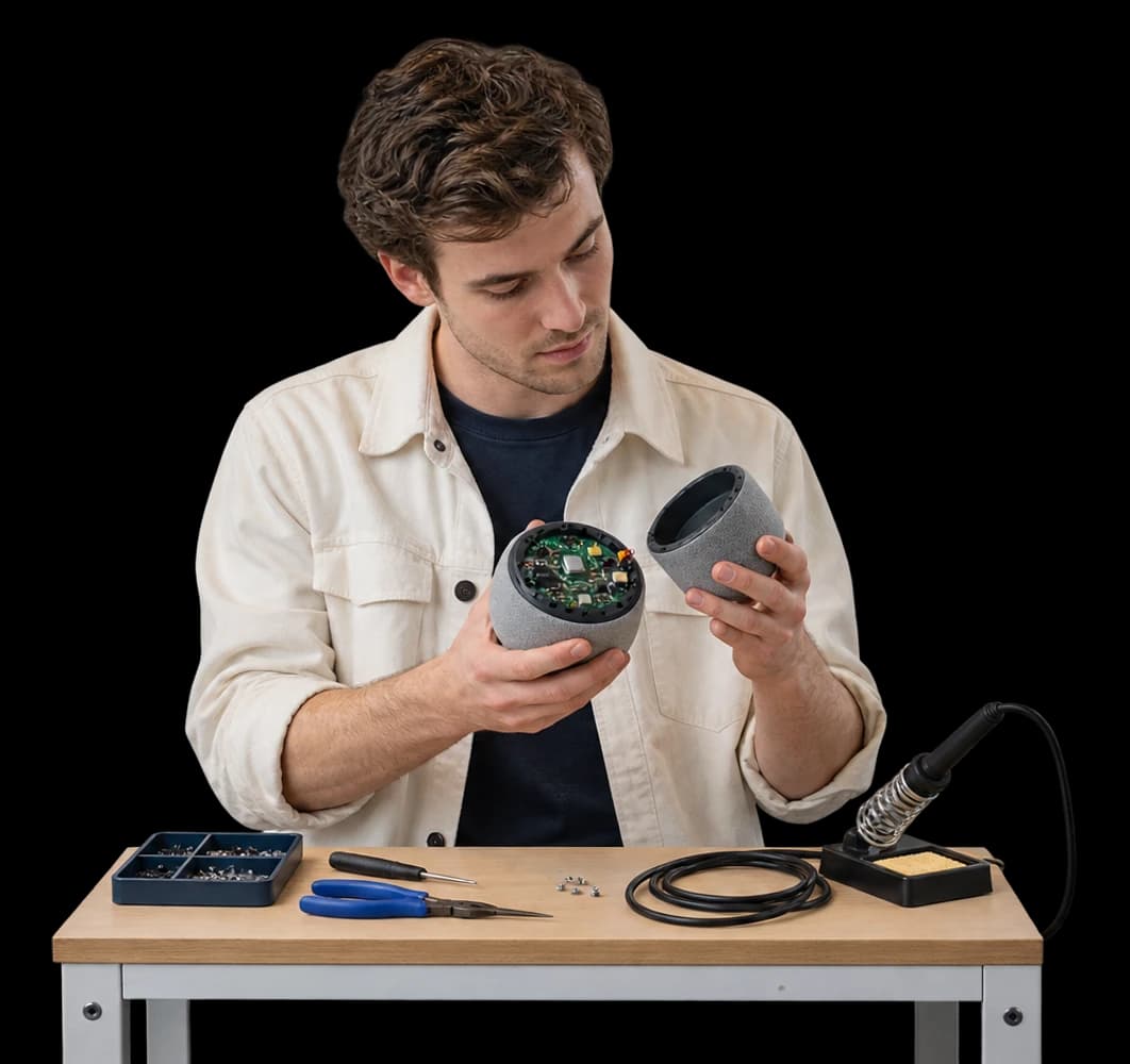 A hardware engineer holds an opened speaker prototype with its circuit board showing.