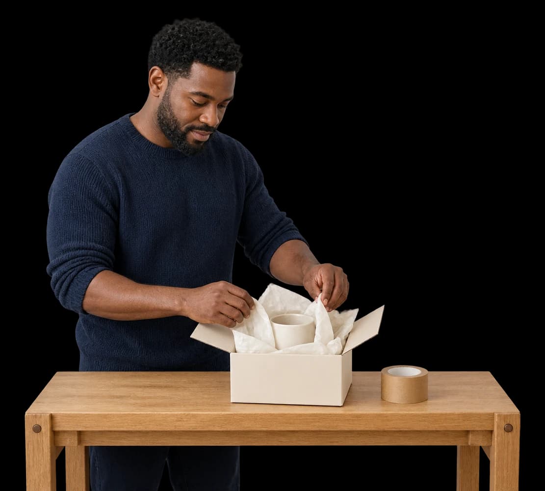 A brand founder arranges boxed products in a small pop-up shop window.