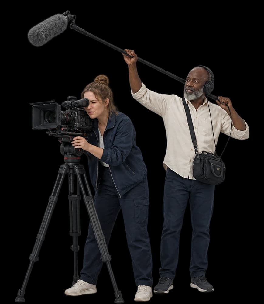 A videographer behind a cinema camera and a sound recordist holding a boom microphone.