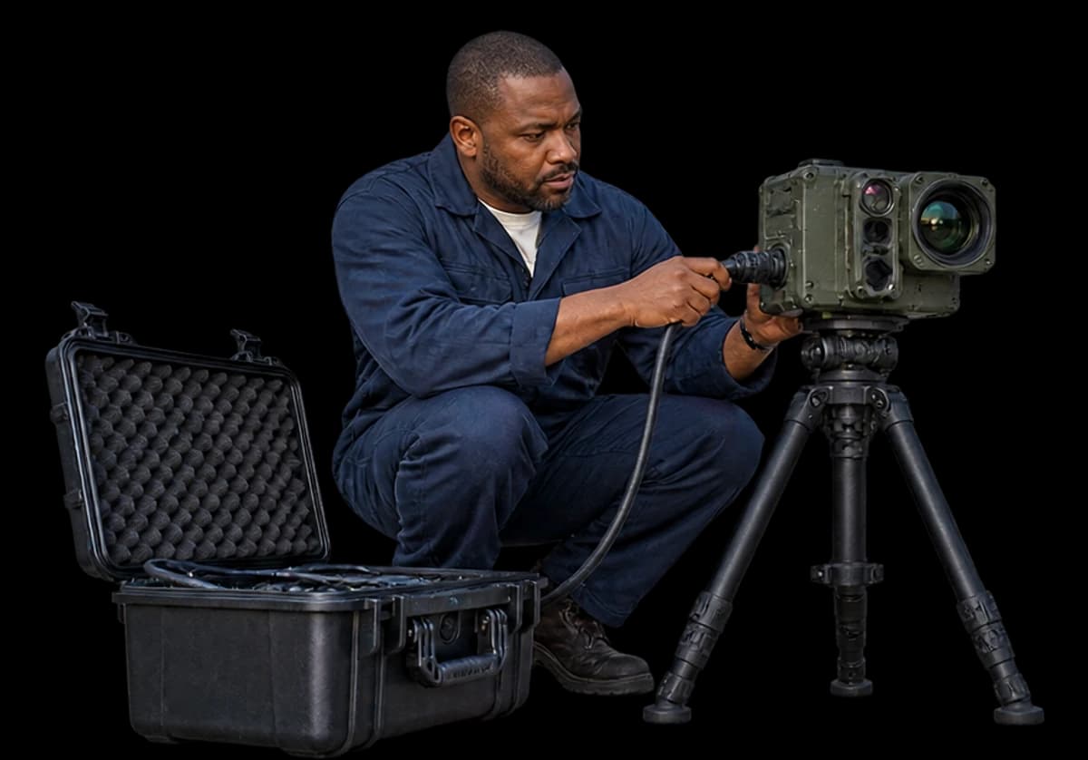 An engineer crouches beside a rugged sensor unit on a tripod with its case open.