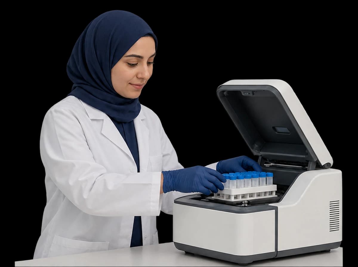 A lab scientist loads a rack of sample tubes into a benchtop analyzer.