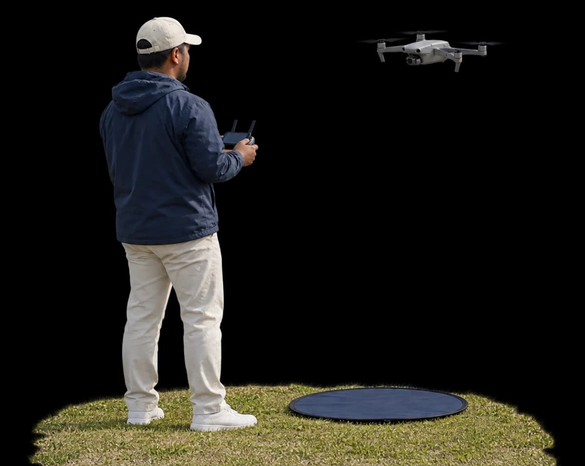 A drone pilot holds a controller as a quadcopter lifts off a landing pad.