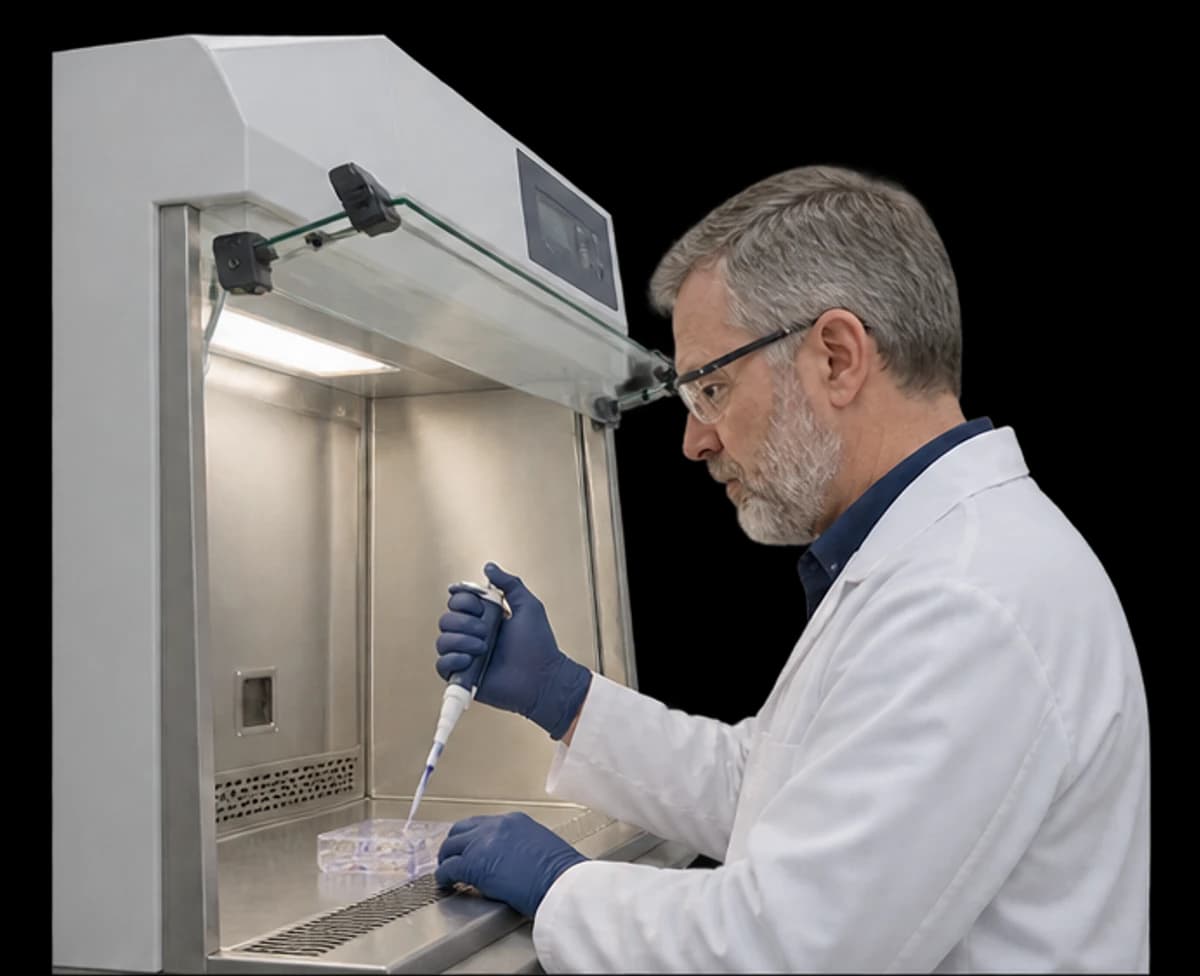 A scientist pipettes into a plate inside a biosafety cabinet.