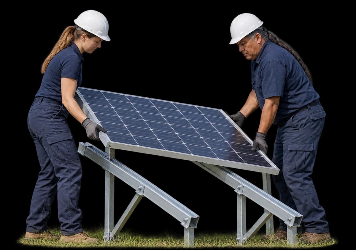 Two solar installers lift a panel onto a ground-mounted rack.