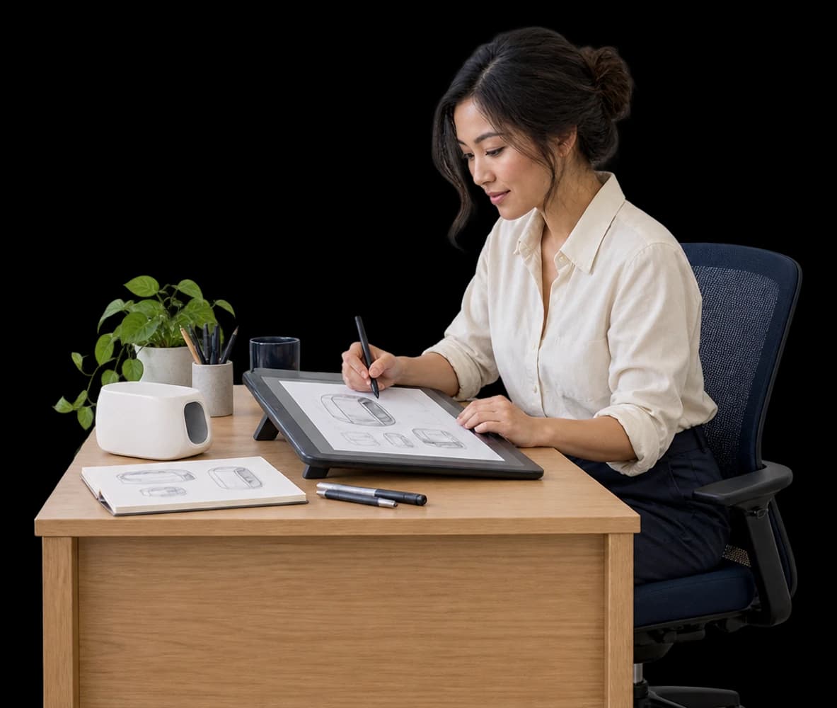 An industrial designer sketches on a drawing tablet beside a printed prototype.