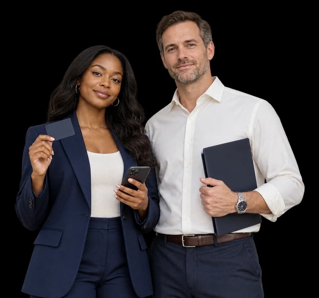 A fintech founder holds a payment card and phone beside her compliance lead.