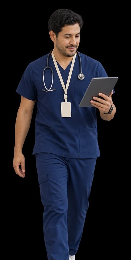 A nurse practitioner in scrubs walks forward reading a tablet.