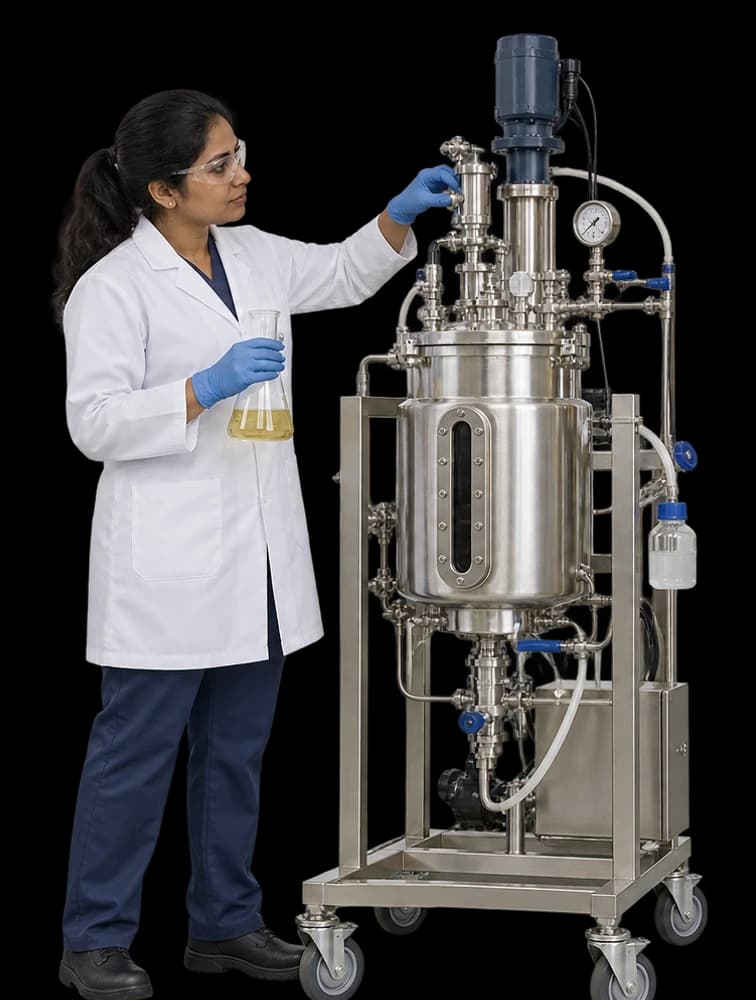 A bioprocess engineer checks a valve on a stainless steel pilot bioreactor.
