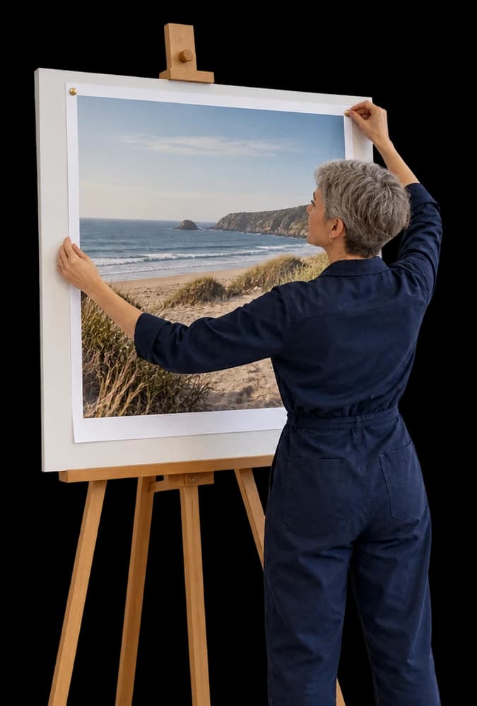 A creative director pins a large photo print onto a board on an easel.