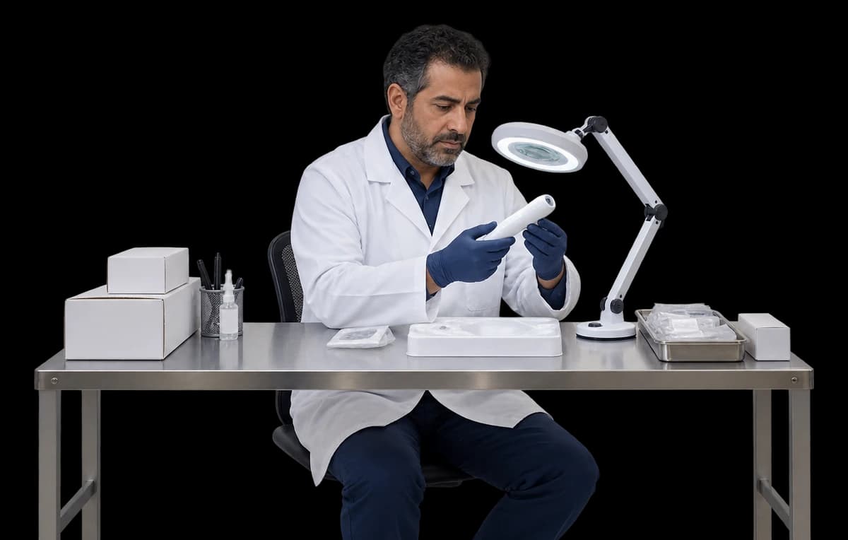 A quality engineer inspects a handheld medical device under a magnifier lamp.