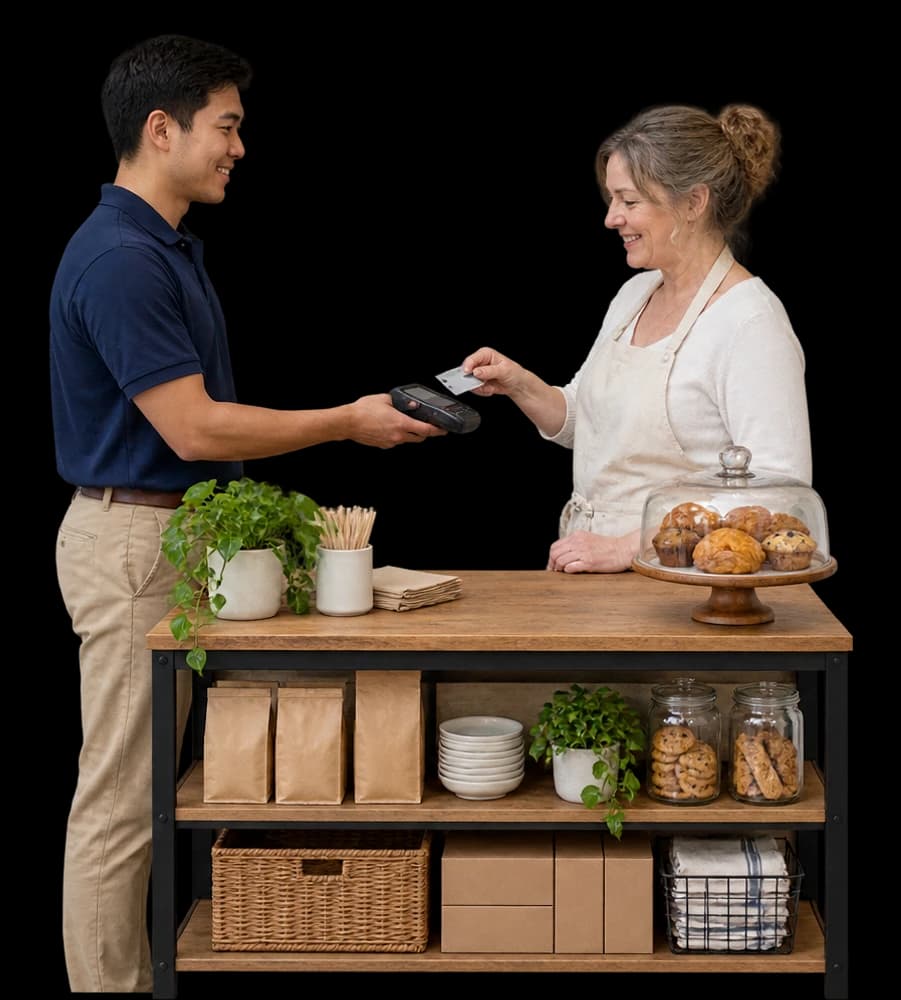 A payments rep hands a card terminal across a café counter to the owner.