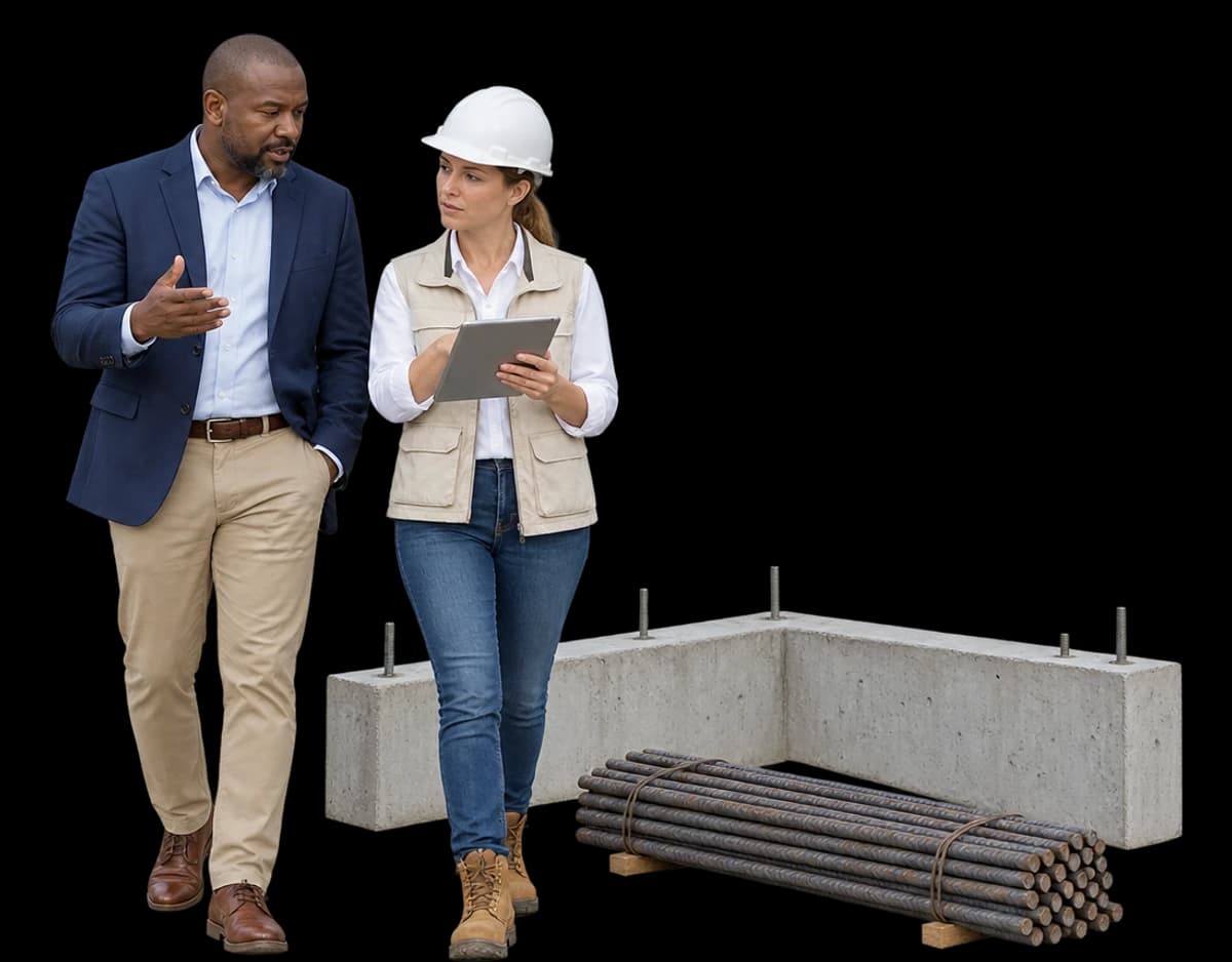 A developer and a builder walk a site beside a concrete foundation and rebar.