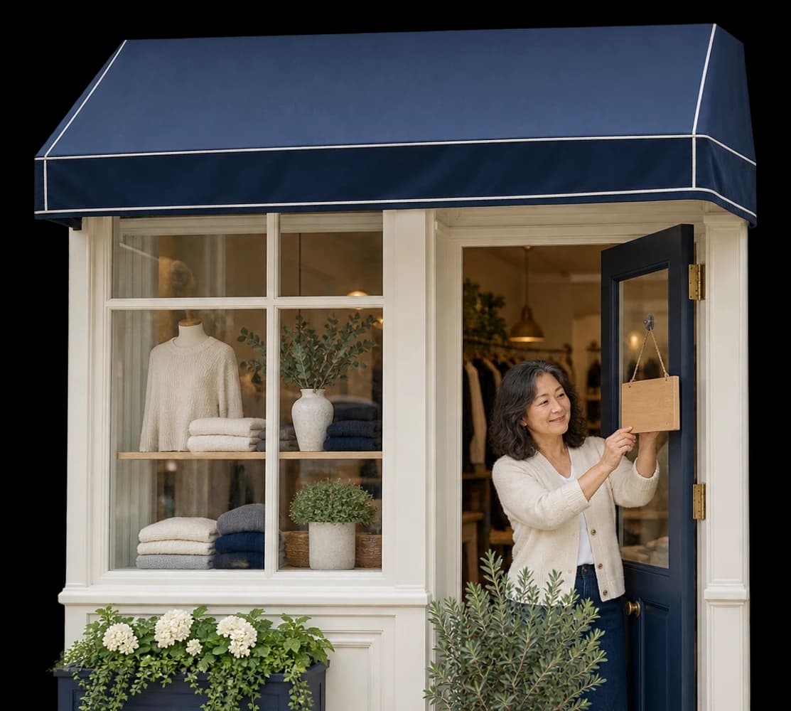 A shop owner turns the sign on the door of her small boutique.