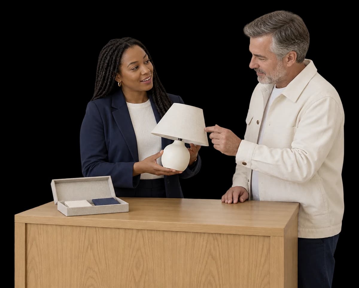A sales rep lifts a sample case out of the trunk of her car.