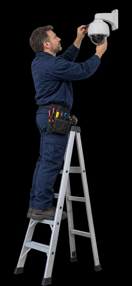 A security technician on a stepladder mounts a dome camera.