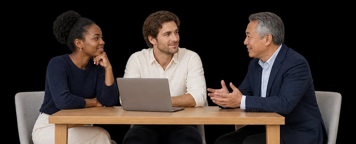 Two founders and an investor talk around a small table with a laptop.