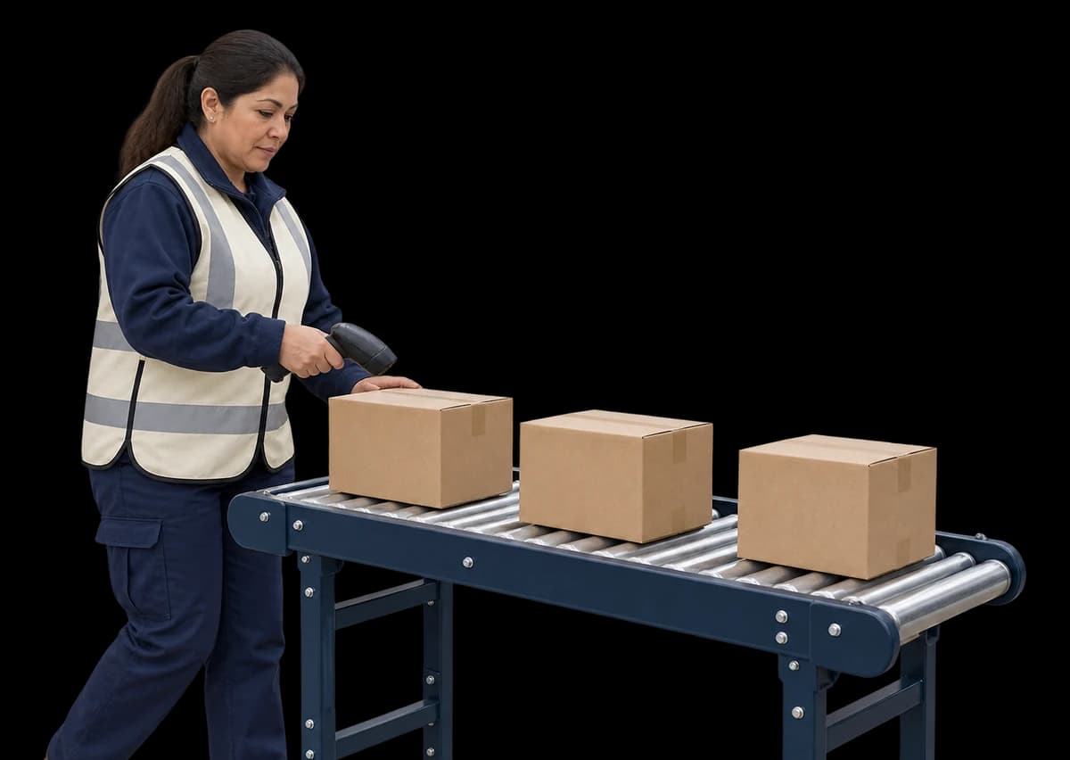 A warehouse operator drives a forklift carrying a wrapped pallet.