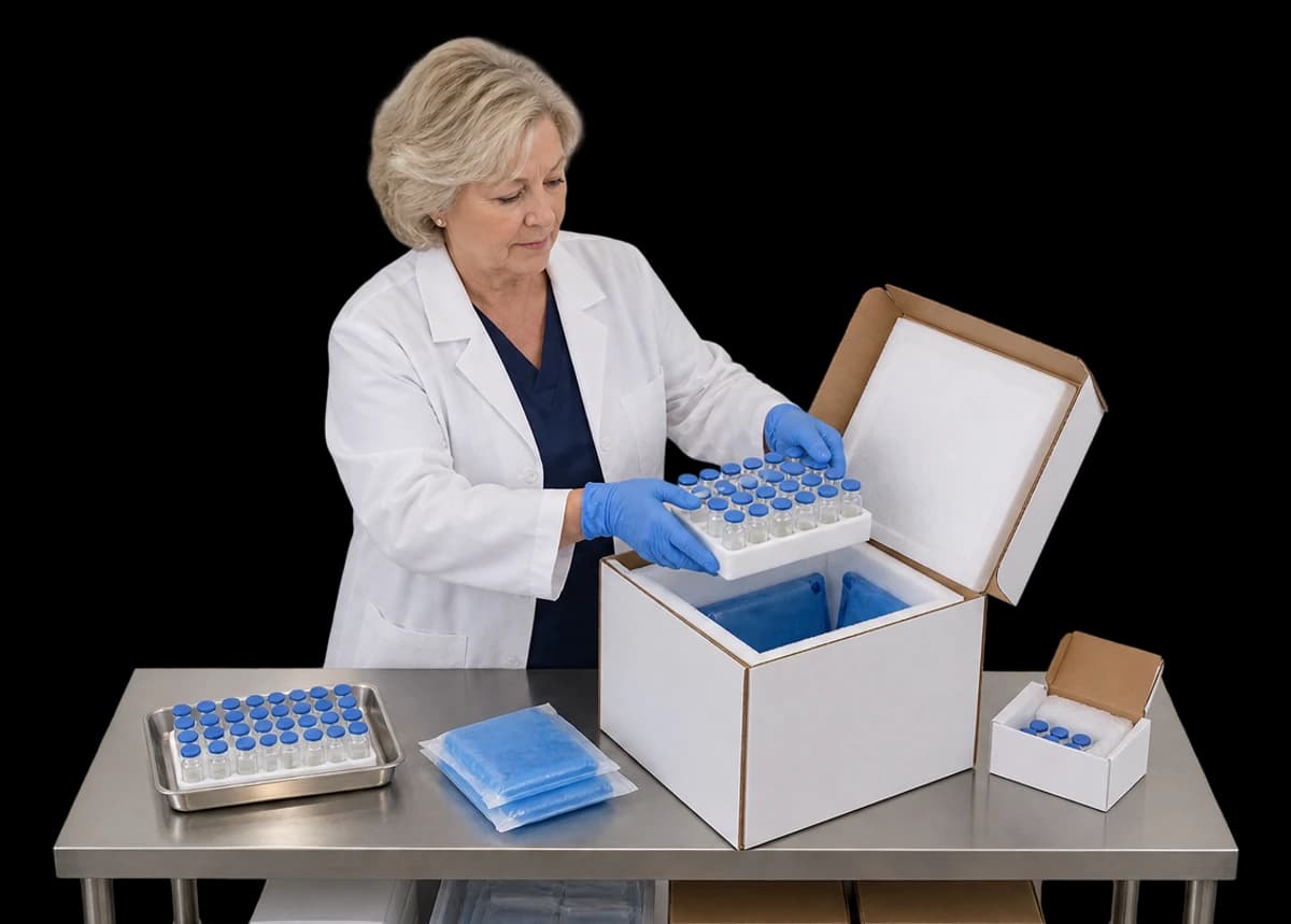 A clinical supply manager packs vials into an insulated shipping box.