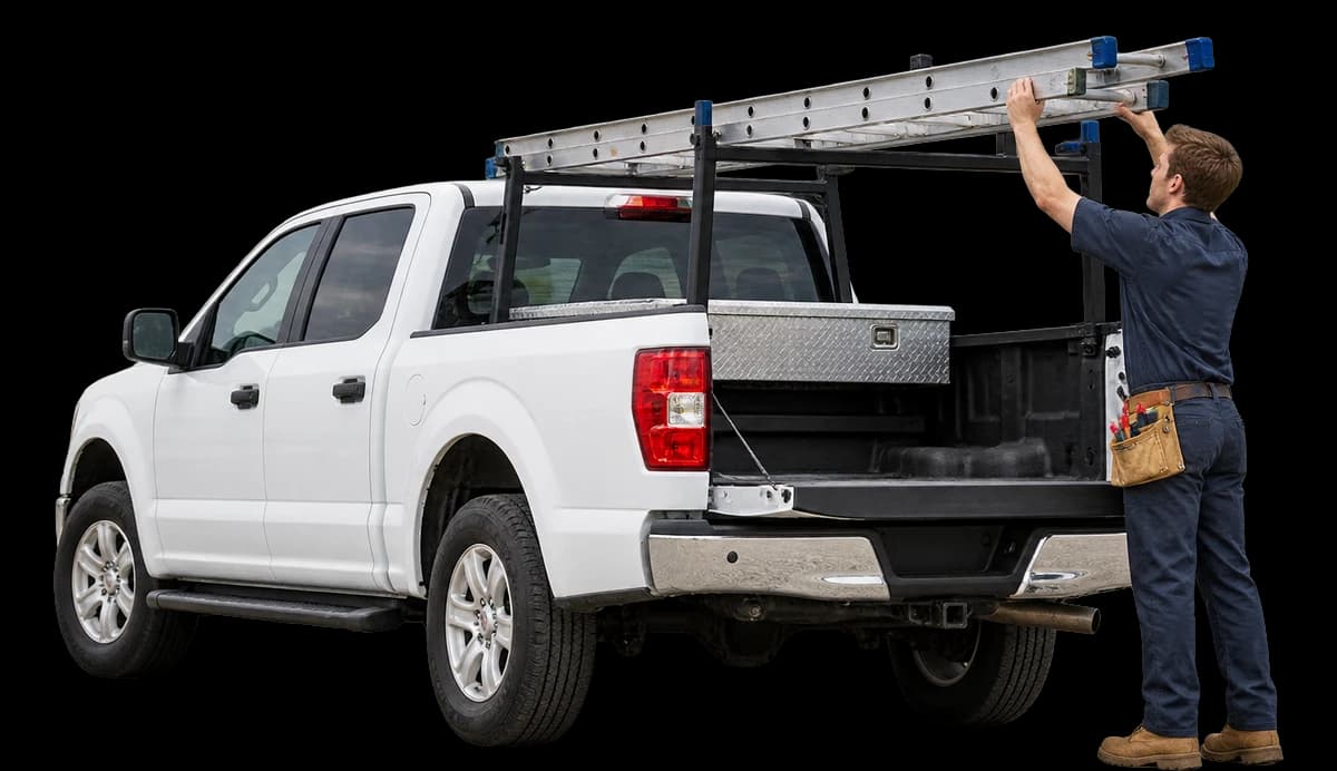 A plumber loads a ladder onto the rack of his white work pickup.