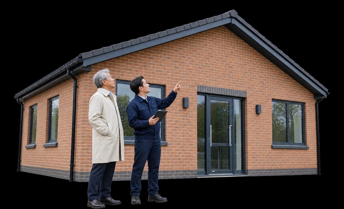 A building owner and a facilities manager look up at the roofline of a small brick commercial building.