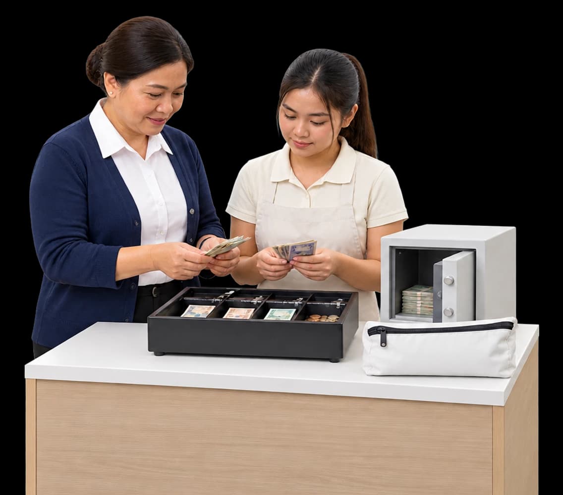 A store manager and a cashier count a cash drawer beside an open safe in a back office.