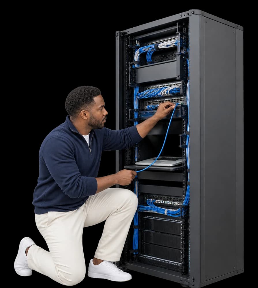 An IT lead kneels at an open server rack and plugs in a network cable.
