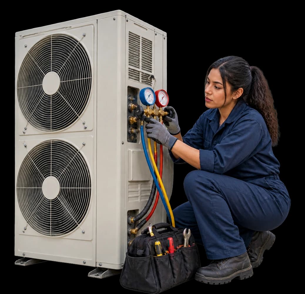 A refrigeration technician checks the gauges on a restaurant’s condensing unit.