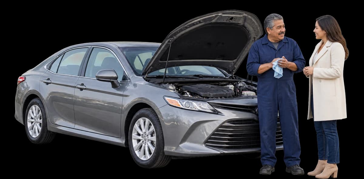 A mechanic talks to a customer beside a sedan with its hood up in a repair bay.