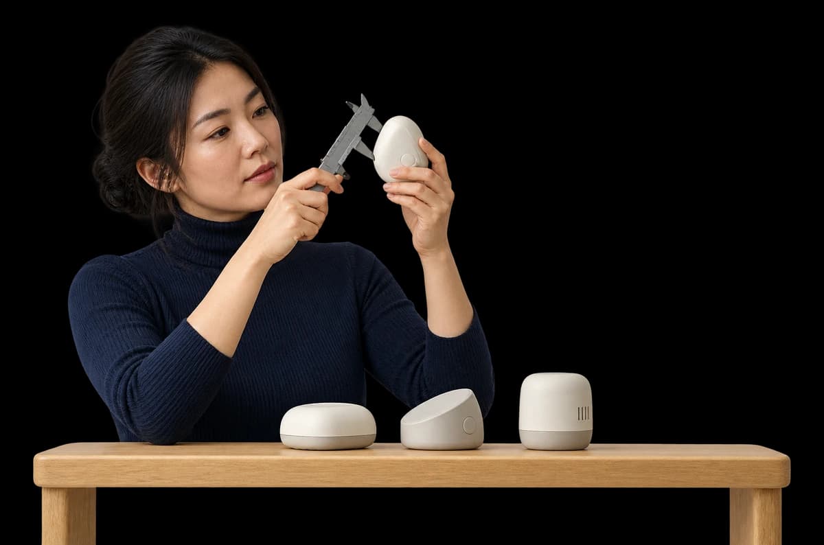 An industrial designer measures a product prototype with calipers beside earlier versions.