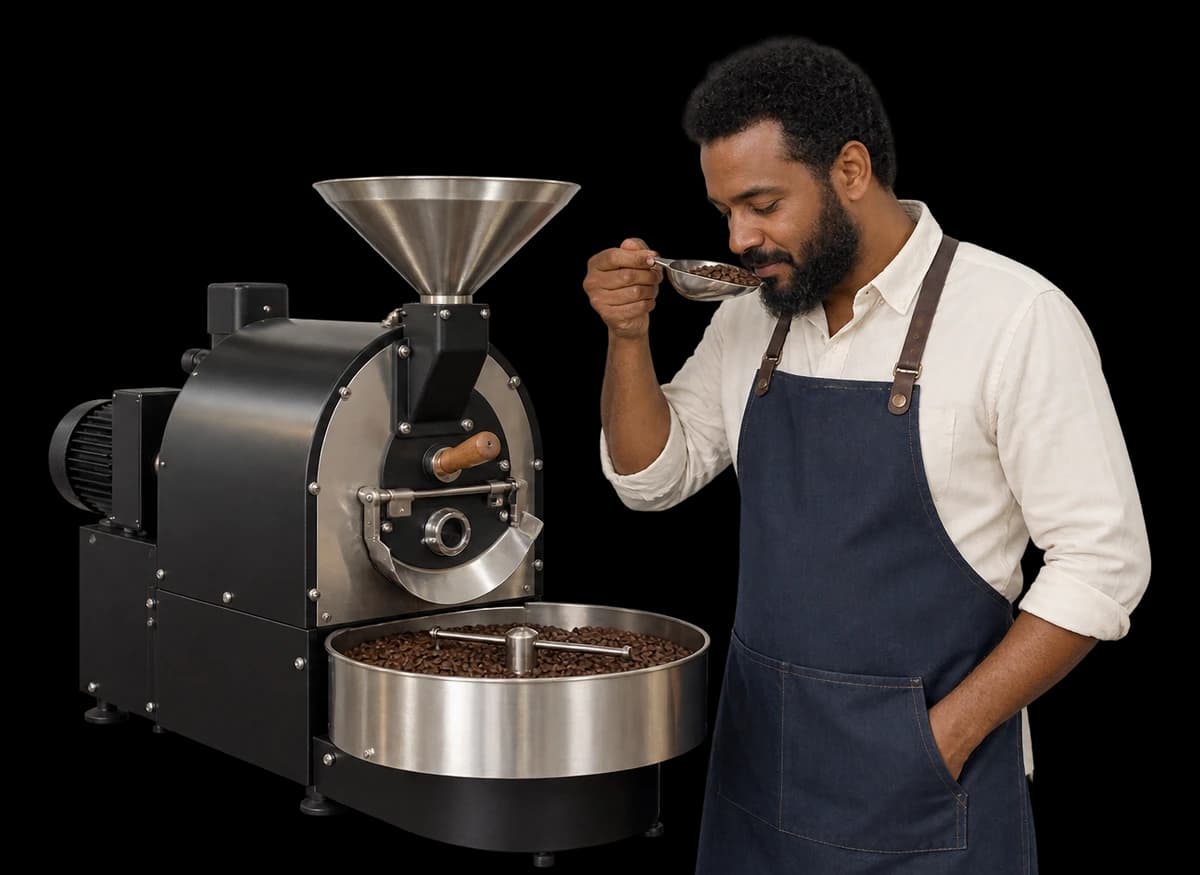 A roastery founder checks a scoop of beans from his coffee roaster.