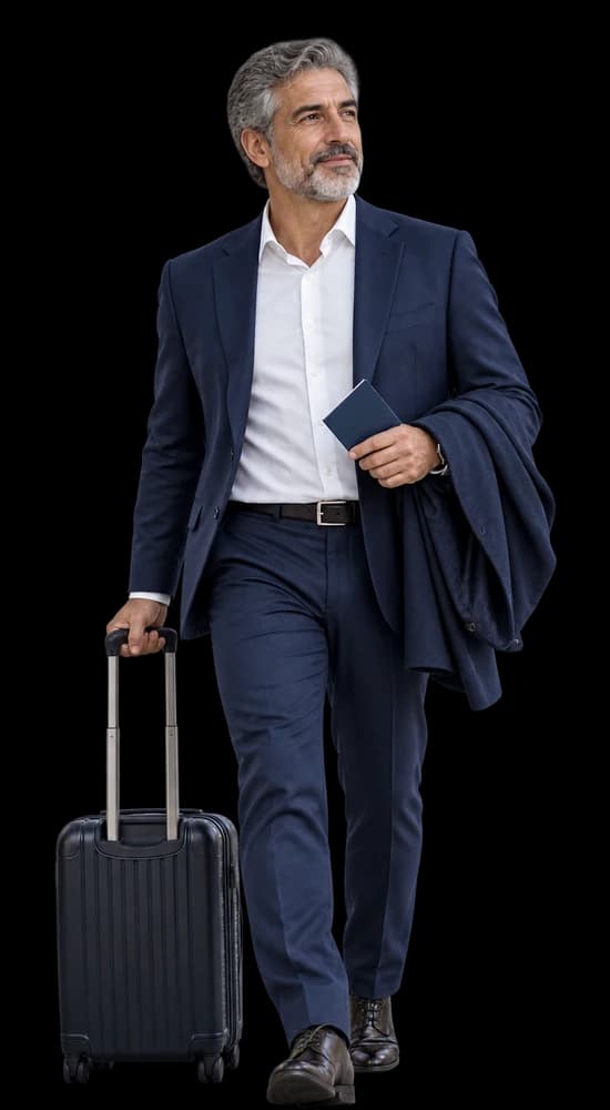 An executive walks through an airport with his suitcase and passport.