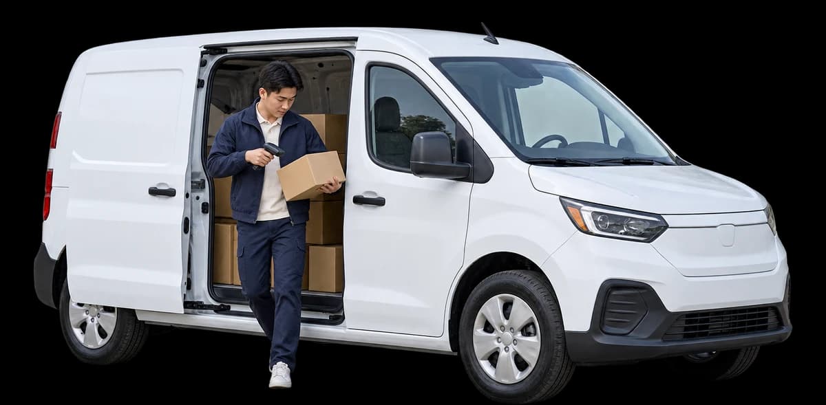 A courier steps out of a delivery van scanning a parcel.