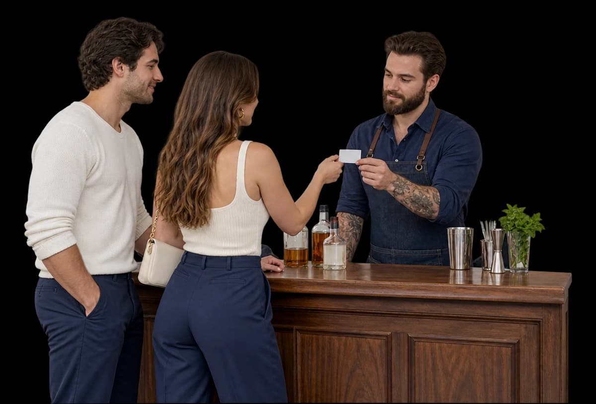 A bartender checks a guest’s ID across a bar.